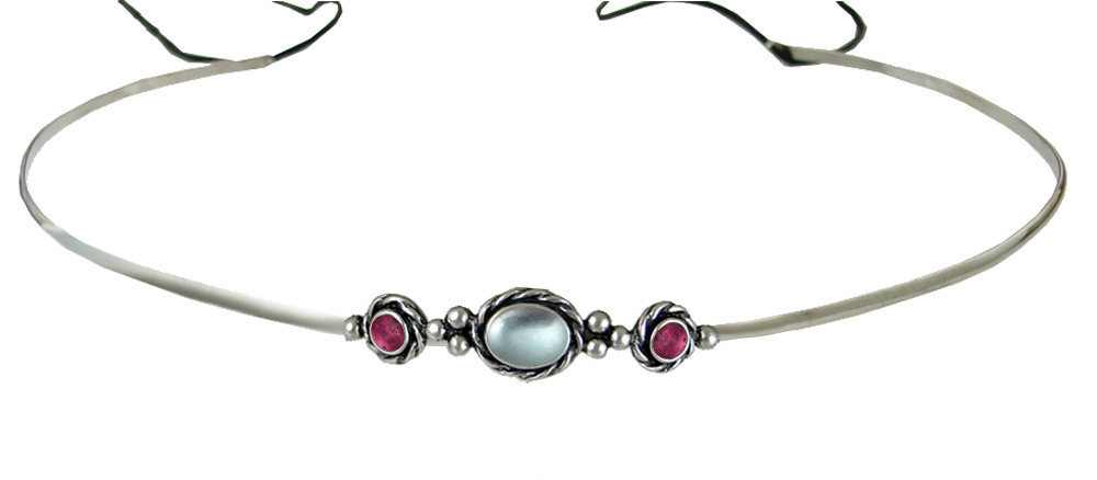 Sterling Silver Renaissance Style Exquisite Headpiece Circlet Tiara With Blue Topaz And Pink Tourmaline